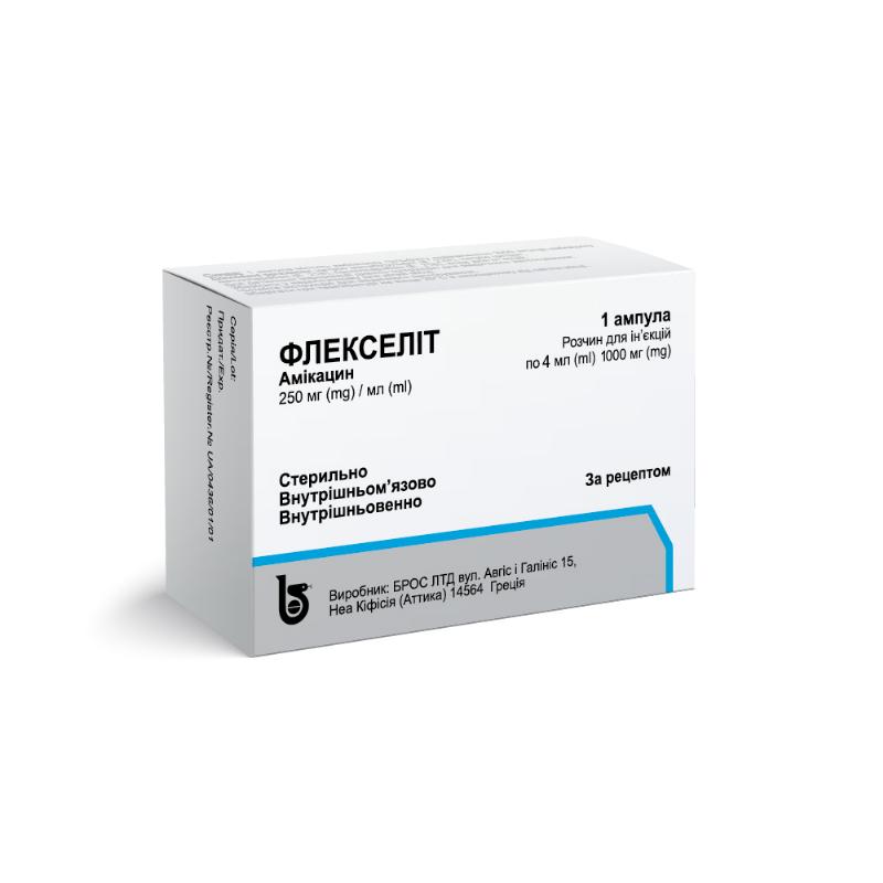 ФЛЕКСЕЛІТ, розчин для ін'єкцій, 250 мг/мл, по 4 мл (1000 мг), в ампулі у пластиковому блістері, по 1 блістеру в картонній коробці